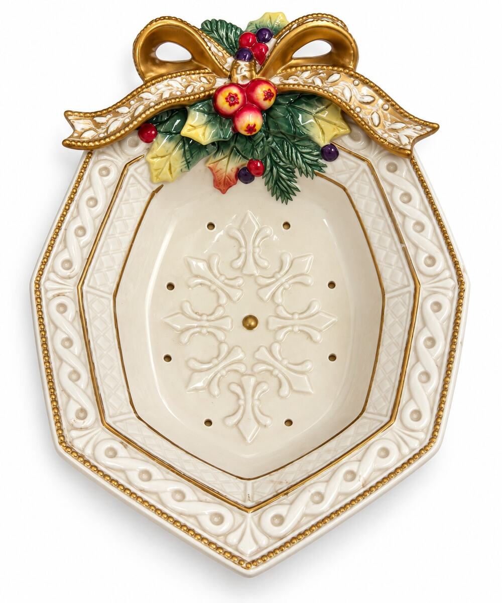Fitz Floyd Classics Florentine Christmas Candy Dish Gold Bow Holly Damaged
